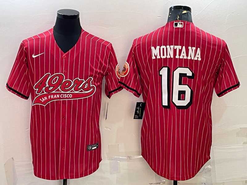 Men%27s San Francisco 49ers #16 Joe Montana Red Pinstripe Color Rush With Patch Cool Base Stitched Baseball Jersey->san francisco 49ers->NFL Jersey